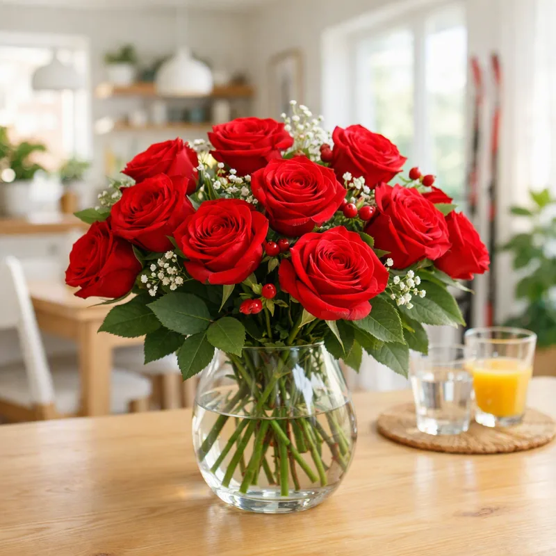 Red roses arranged in a home setting